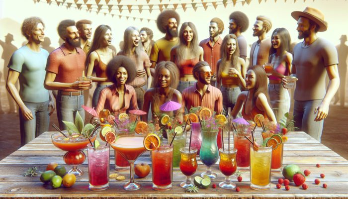 Vibrant Jive Turkey cocktails with fruit and herb garnishes at a lively 1970s-themed social gathering.