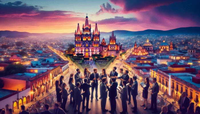 Aerial view of San Miguel de Allende at sunset, showcasing vibrant cathedrals, cobblestone streets, and colonial architecture with experts discussing.