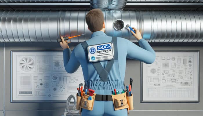 Certified duct cleaning technician in blue uniform using specialized tools, proudly displaying a NADCA certification badge.