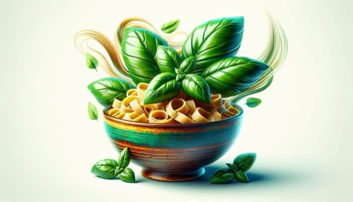 A bowl of pasta adorned with fresh basil leaves, enhancing the dish's flavor and visual appeal.