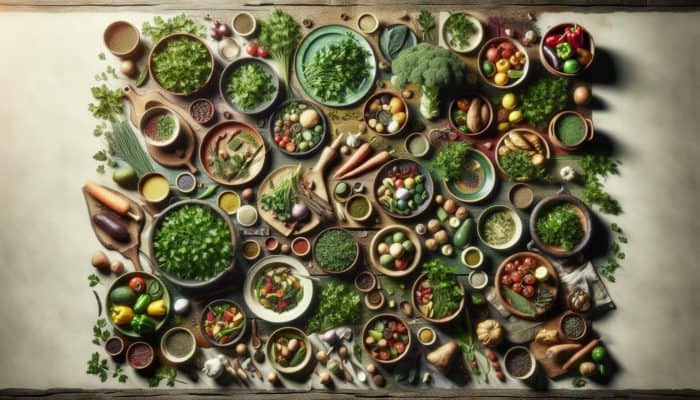 Fresh parsley garnishing vibrant dishes on a rustic wooden table, enhancing flavor and appeal.