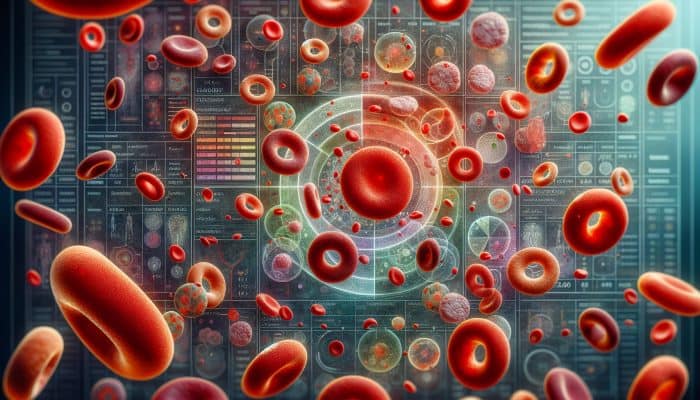 Visual Representation of Full Blood Count: Red and white blood cells, platelets observed under a microscope, alongside a health function chart.