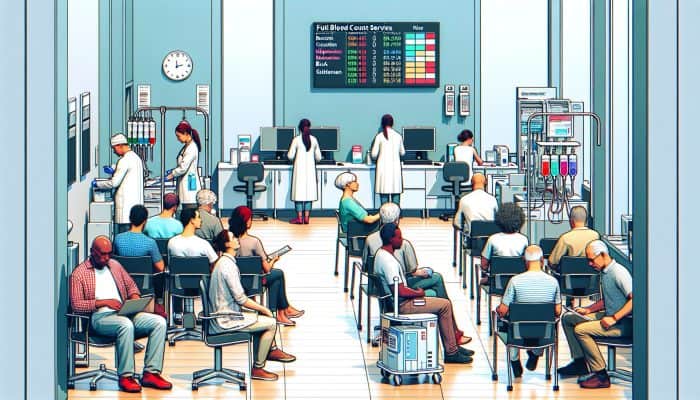 A bustling health clinic in Chadderton with patients waiting for full blood count services, equipped with modern medical equipment and friendly staff.
