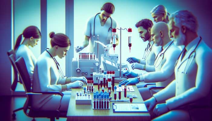 Visual of FBC test in a Chadderton clinic, professionals analyzing results for early detection of anaemia and infections.