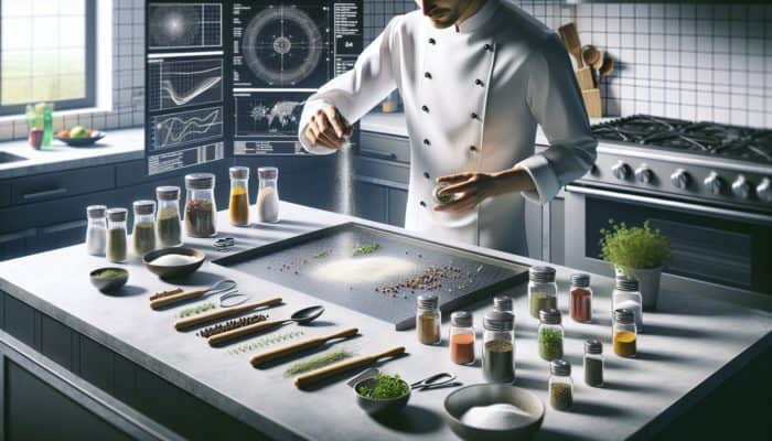 A chef expertly seasoning a gourmet dish with herbs and spices in a contemporary kitchen.