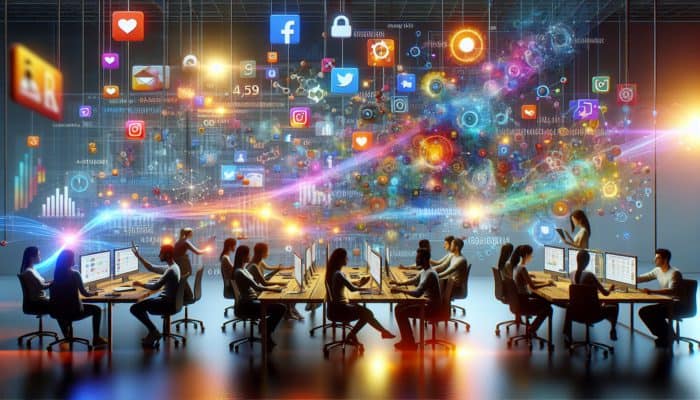 Social Media Management in Royal Wootton Bassett for Small Businesses: A team in a digital workspace creating and analyzing social media content, interacting with followers.