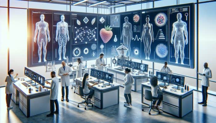 A modern laboratory equipped with advanced technology for precise food intolerance testing, showing diverse individuals receiving personalized dietary advice.