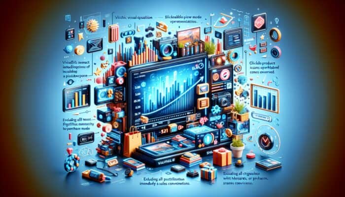 A vibrant digital interface showcasing a shoppable video, clickable product icons, enhancing sales conversion.