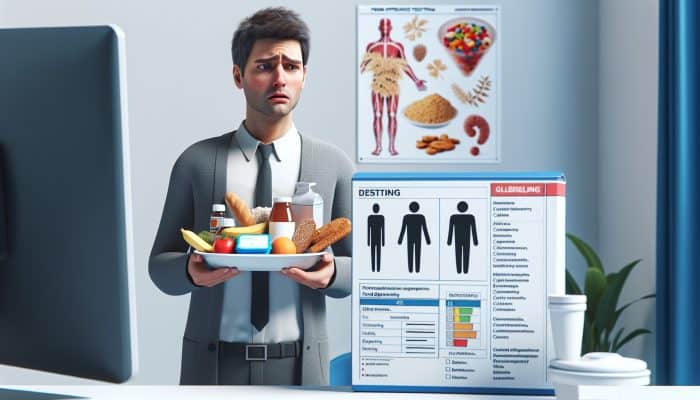 An individual experiencing digestive issues and fatigue, holding gluten and dairy products, near a food intolerance test kit in a clinical setting.