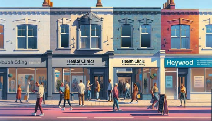 A bustling street in Heywood with signs for clinics providing food intolerance testing, showcasing people actively coming and going.