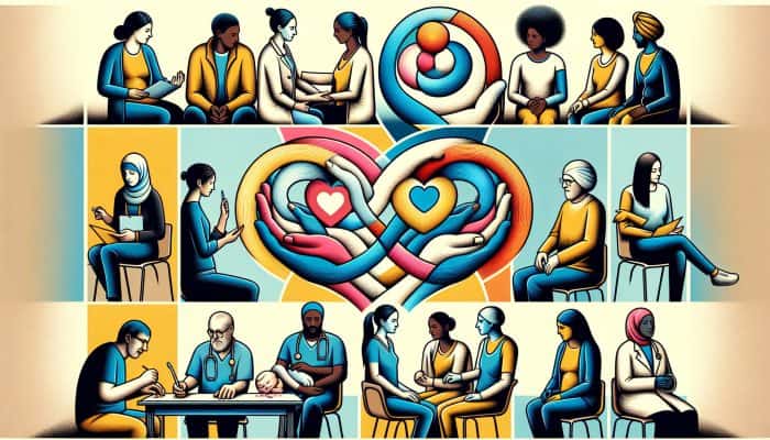 Mental Health Support for Minority Communities: Diverse group receiving personalized mental health support from NHS, with cultural symbols of unity and care.