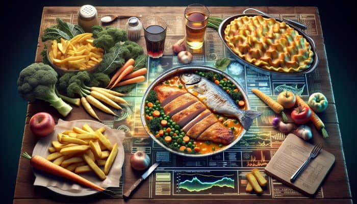 Building a Men’s Health Routine: A vibrant British meal featuring kale, carrots, parsnips, chicken, and fish, healthily adapted.