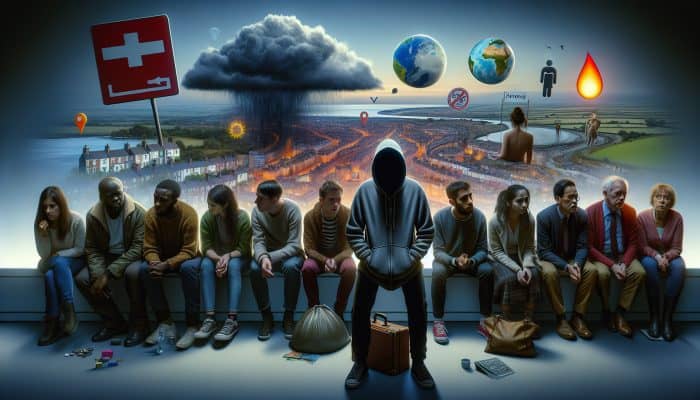 Understanding Mental Health Statistics: A diverse group of young UK residents, some isolated or in therapy, amidst symbols of mental health issues and economic, global crises.