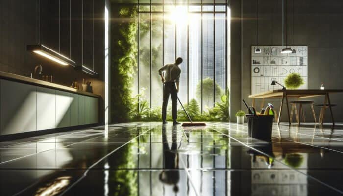 Individual in West Dunbartonshire cleaning slate floors with natural solutions, sunlight and greenery visible.