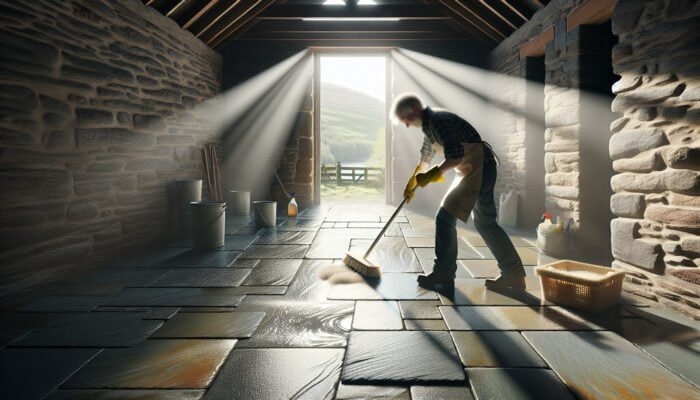 Individual scrubbing slate floors with natural solutions in West Dunbartonshire, sunlight highlighting the clean surface.