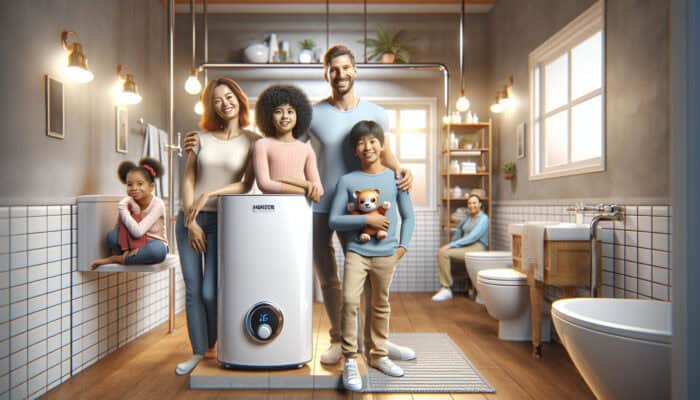 A modern tankless water heater installed in a cozy bathroom in Richmond, showcasing the replacement of an old tank model and subsequent reduction in energy bills.