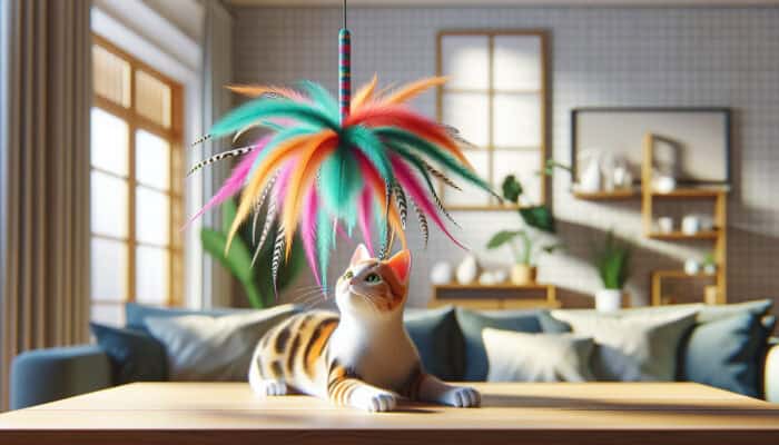 A thoughtfully designed feather teaser toy tailored to a cat's size and play style, crafted from safe, durable materials.