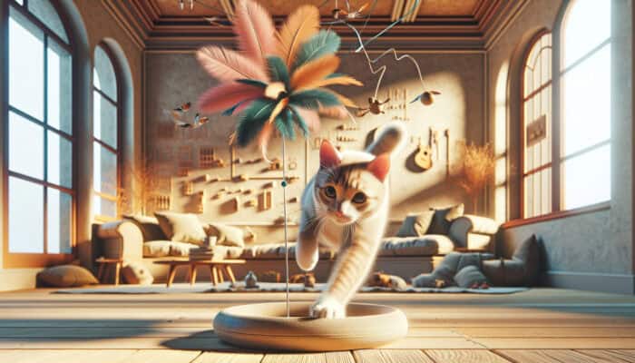 A feather teaser toy in a bright room, engaging a cat's hunting instincts and promoting overall health.