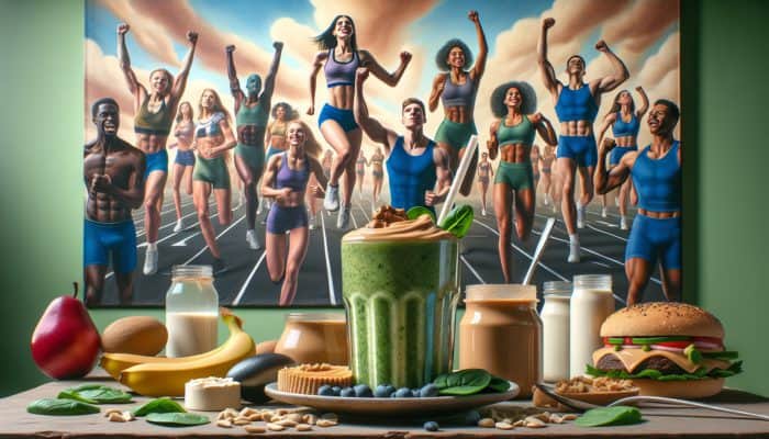 A colorful breakfast scene featuring a smoothie and vegetarian athletes demonstrating high-protein meal plans.
