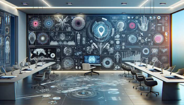 Futuristic lab displaying clarity-enhanced medical imaging, educational tools, data visualization, interactive software, and art design.
