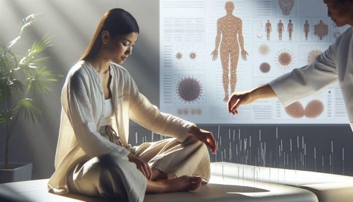 How to Relax During Acupuncture: A serene person in loose, comfortable clothing during an acupuncture session with needles on accessible points.