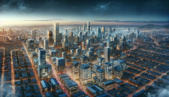 Aerial view of Sandton's skyline at dusk, highlighting modern high-rises and construction, symbolizing real estate growth.