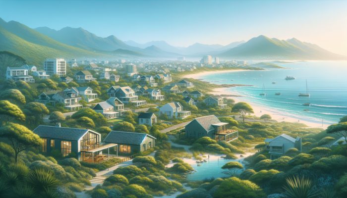 A serene coastal town with stunning beaches, vibrant art, and modern homes amidst lush landscapes.