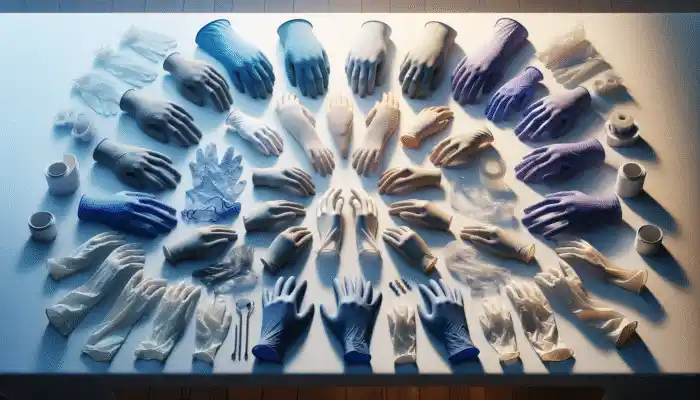 Hypoallergenic polythene, durable nitrile, and less durable vinyl gloves on a table, labeled for use and cost.