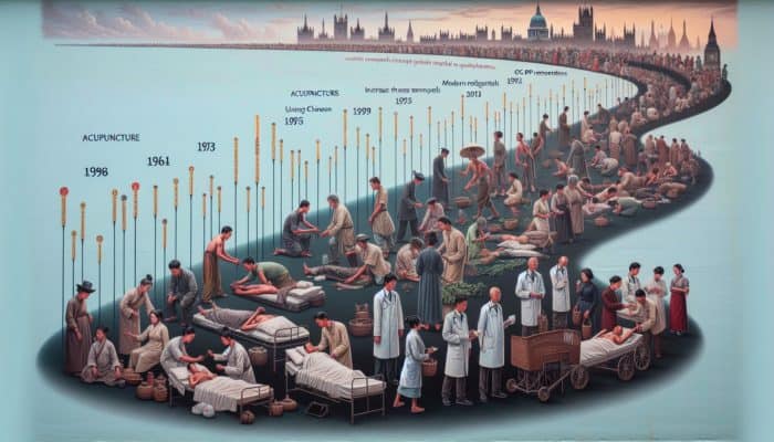 A comprehensive timeline showcasing the evolution of acupuncture in the UK, from its ancient Chinese roots to modern medical integration, highlighting both traditional and contemporary treatment approaches along with the rise in general practitioner referrals.