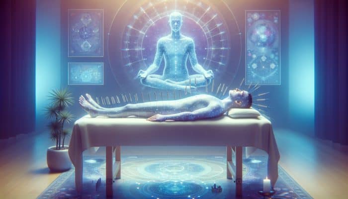 A tranquil acupuncture session, depicting a patient comfortably lying down with needles inserted into precise points, in a soothing, holistic room adorned with soft lighting.
