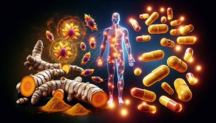 Turmeric Supplements for Inflammation: Turmeric roots and capsules with a glowing aura, showing anti-inflammatory effect on body tissues.