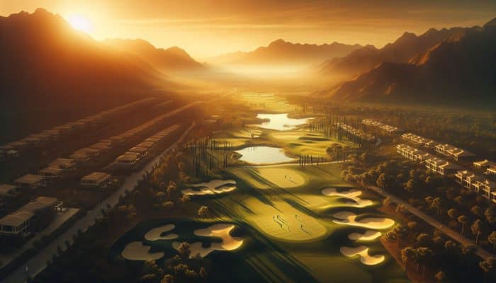 Aerial view of Durbanville Golf Club at sunset with expert golfers analyzing course strategies.