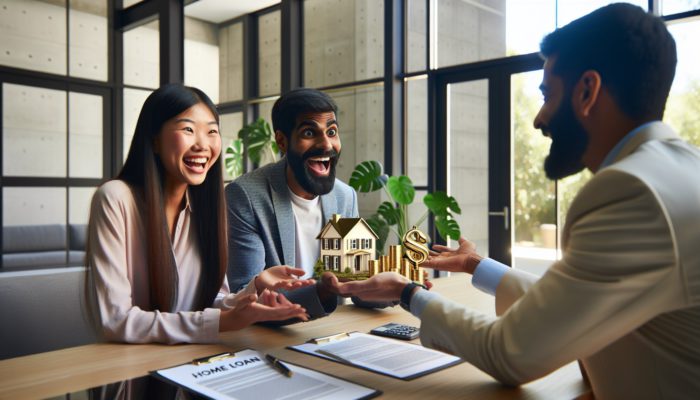 A young couple in Lephalale reviewing home loan documents with a financial advisor in a modern, sunlit office.
