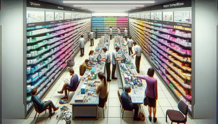 Vinyl Gloves in Wrexham: A busy pharmacy aisle showing various vinyl gloves for different uses, with staff assisting customers.