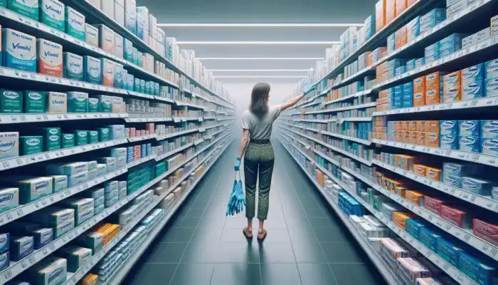A shopper in Tesco, Wrexham, selecting vinyl gloves from a variety of brands and sizes on a well-stocked shelf.