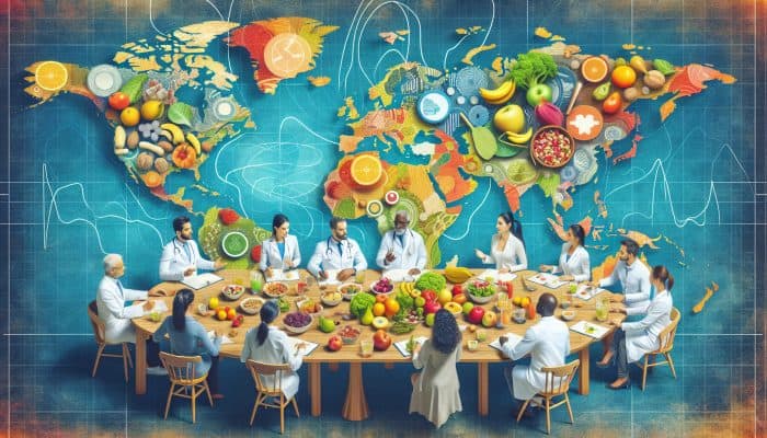 A diverse group of experts gathered around a world map sharing healthy eating tips, surrounded by fruits, nuts, and salads.
