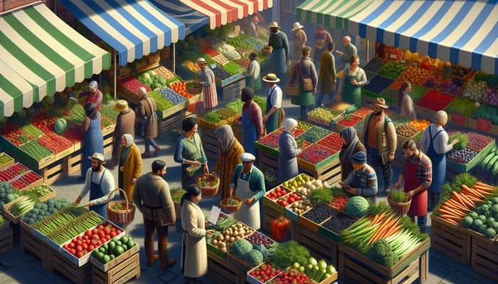 A lively UK farmers' market featuring seasonal produce such as asparagus, berries, and parsnips displayed at colourful stalls.