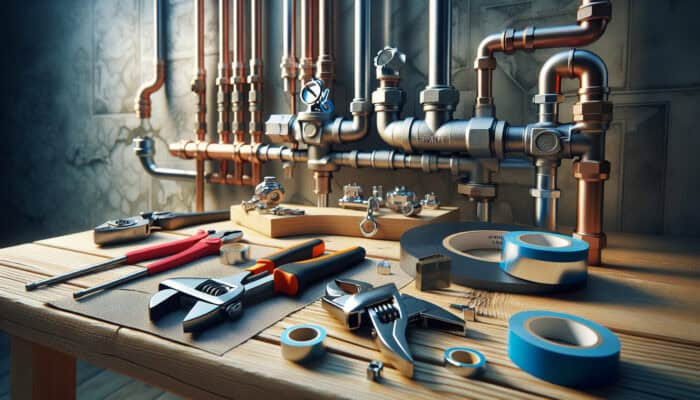 A neatly organized workbench displaying tools and a new water valve for plumbing replacement.