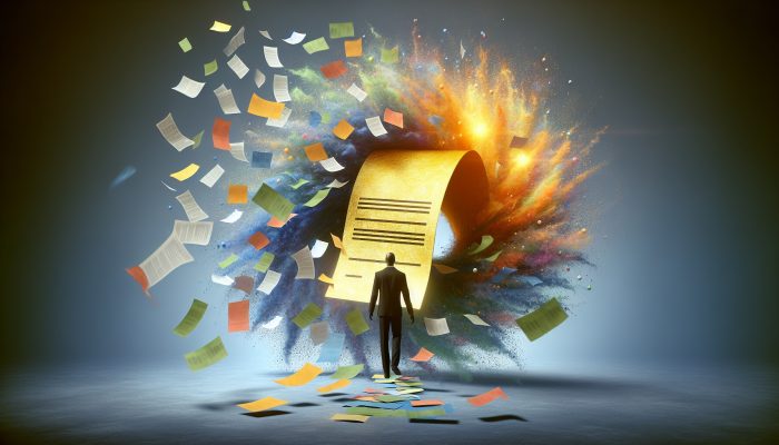 A person merges multiple colourful debt papers into one glowing loan document, symbolising debt consolidation.