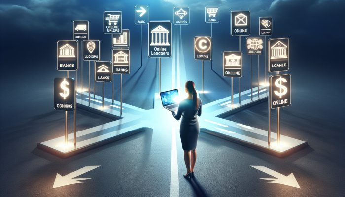 A person at a crossroads with signs pointing to banks, credit unions, and online lenders, using a laptop to compare loan offers.