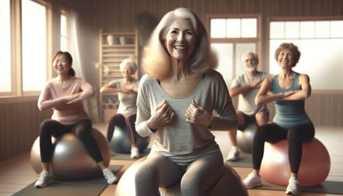 Fitness for Older Women: An older woman smiling in a UK community center class, engaging in low-impact fitness with peers.