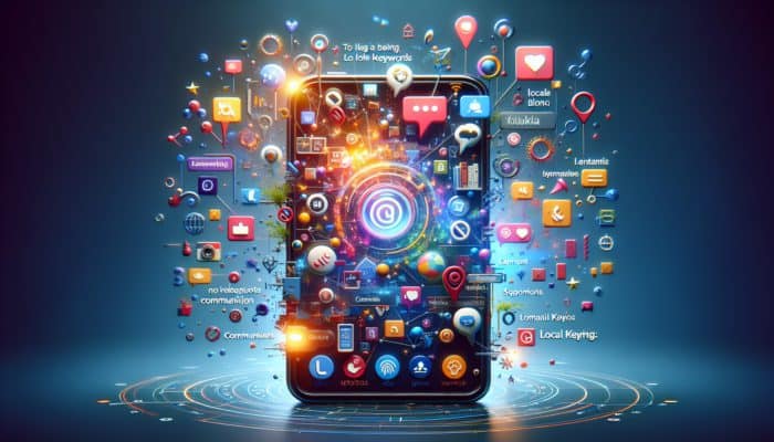 A smartphone displaying a local blog with photos, videos, social media buttons, and active comments section, optimized for SEO.