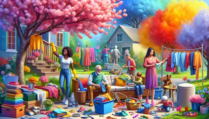 Spring cleaning scene with individuals organizing summer clothes and outdoor furniture beneath a blooming cherry tree.