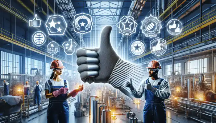 High-quality safety gloves with certification marks, worn by workers in Heswall, with review stars and recommendations.