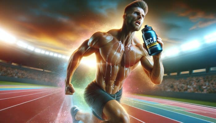A track athlete drinking BCAA supplement from a shaker bottle while running on a vibrant track, sweating and determined.