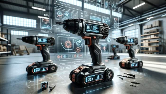 Advanced electric clearance tools with long-lasting batteries, quick-charge ports, and smart screens in a modern workshop.