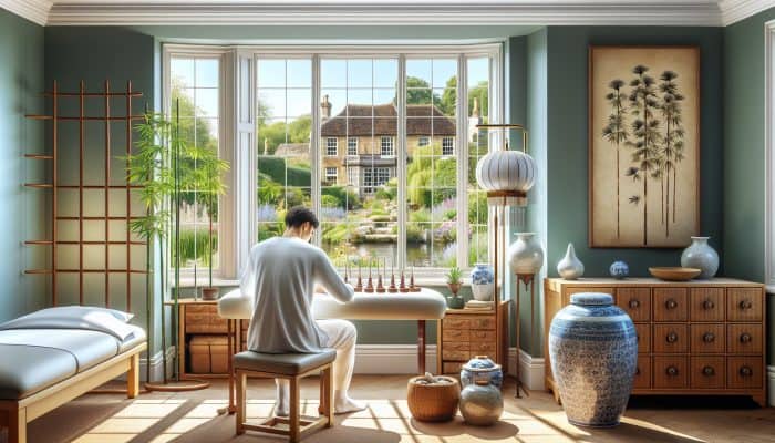 A patient receiving acupuncture in a serene UK clinic, with traditional Chinese medicine elements and a view of an English garden.