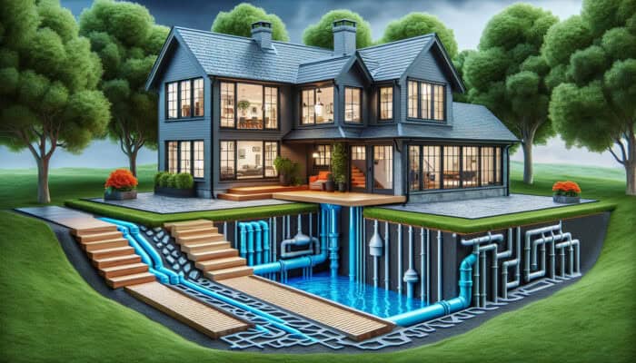 Modern West End home equipped with sump pump and French drains preventing flooding and effectively redirecting water.