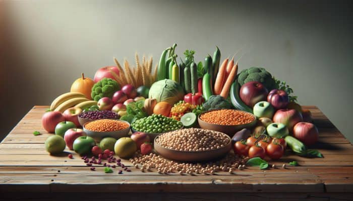 A colorful array of plant-based foods like lentils, chickpeas, fruits, and vegetables on a table.