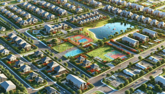 Aerial view of Mahikeng's family-friendly neighbourhoods with parks, schools, and diverse homes amidst greenery.